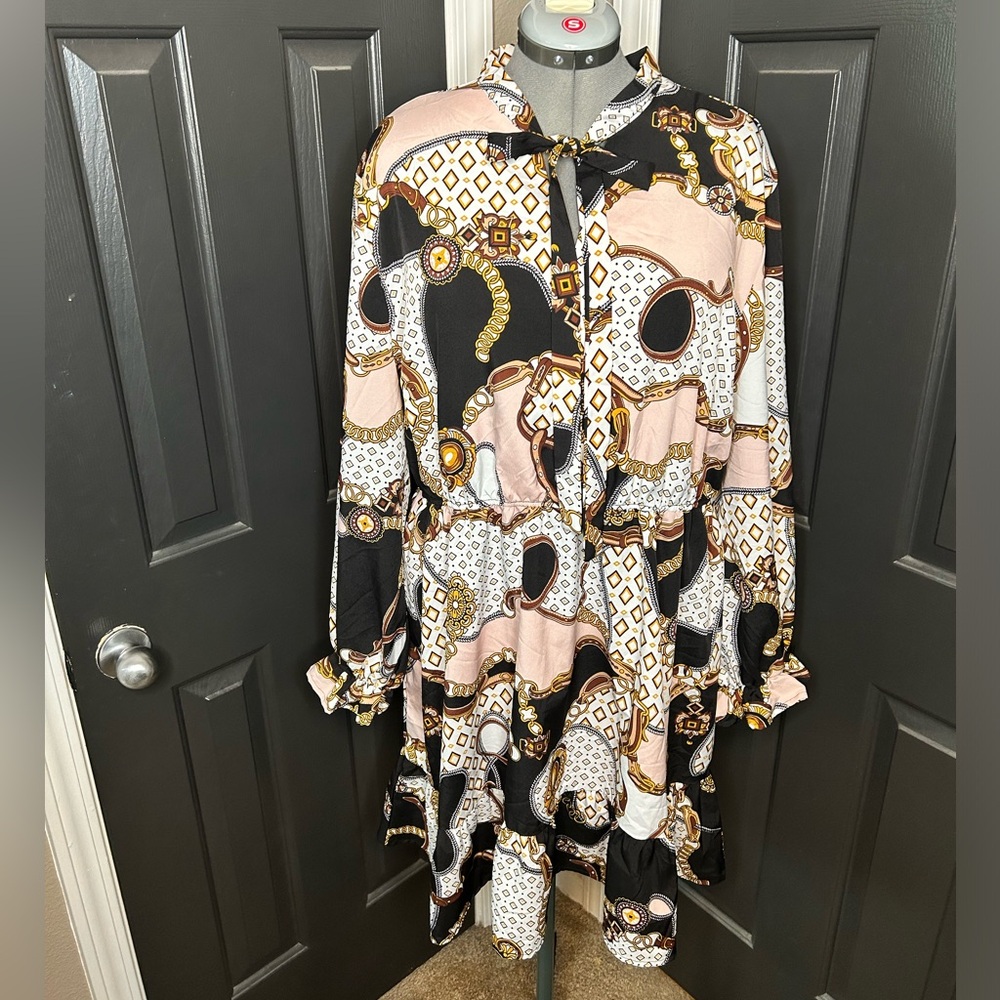 SHEIN Chain & Geo Print Flounce Sleeve Tie Neck Ruffle Hem Dress